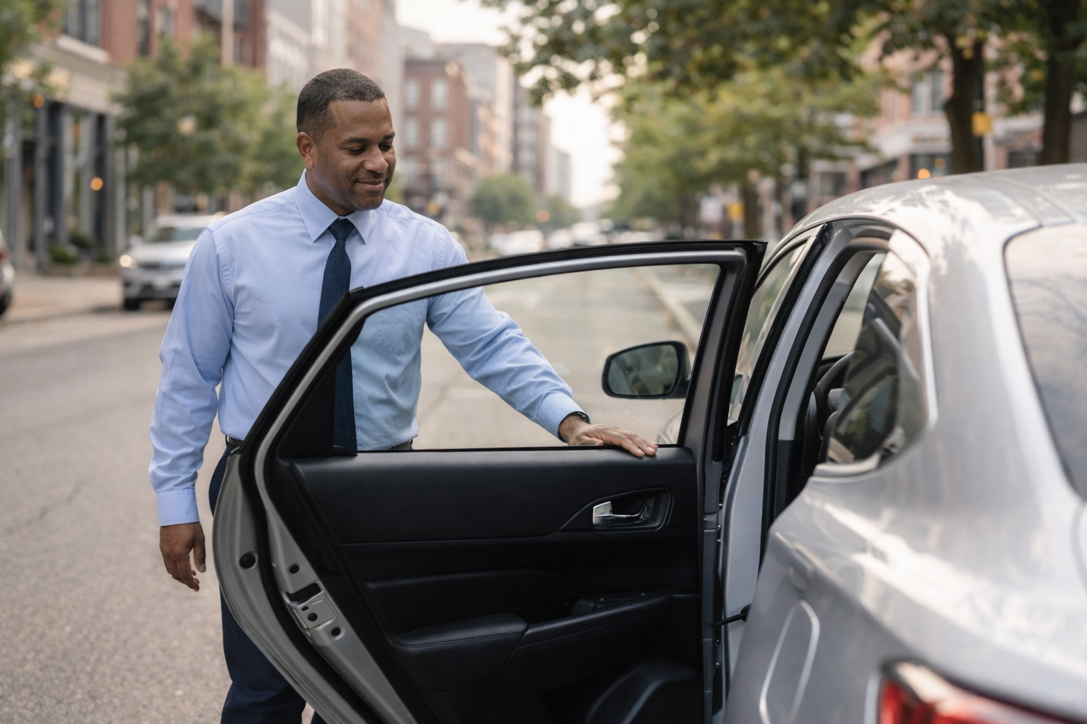 Driver opening a car door for a rider